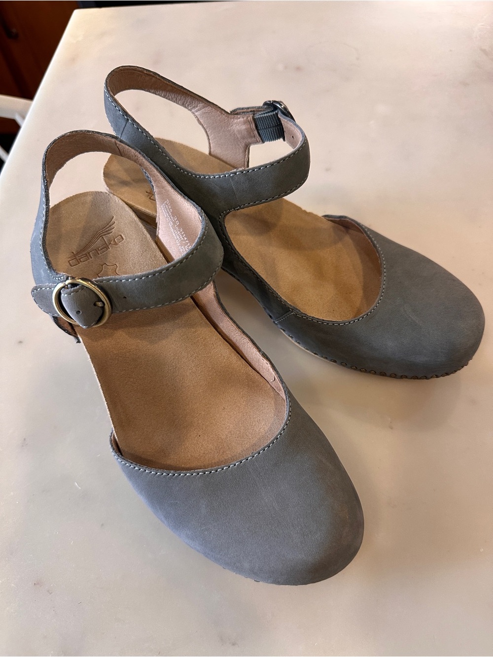 Dansko Gray Leather Mary Jane Clogs with Ankle Strap